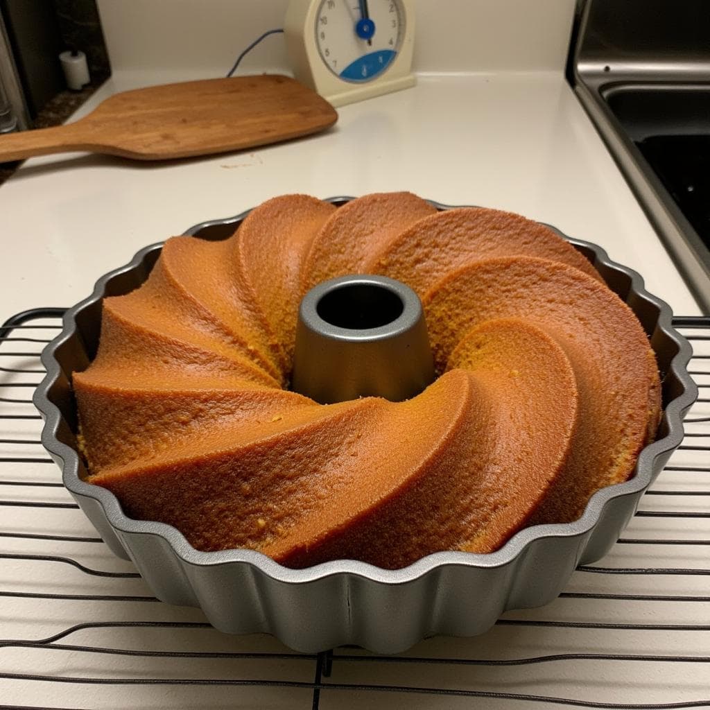 Sweet potato pound cake in a Bundt pan cooling on a wire rack.