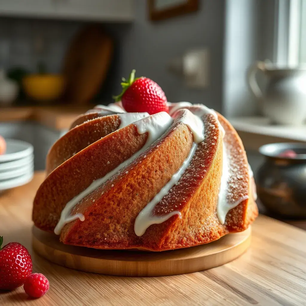 A freshly baked bundt cake you can make with egg whites, dusted with powdered sugar, on a white cake stand.