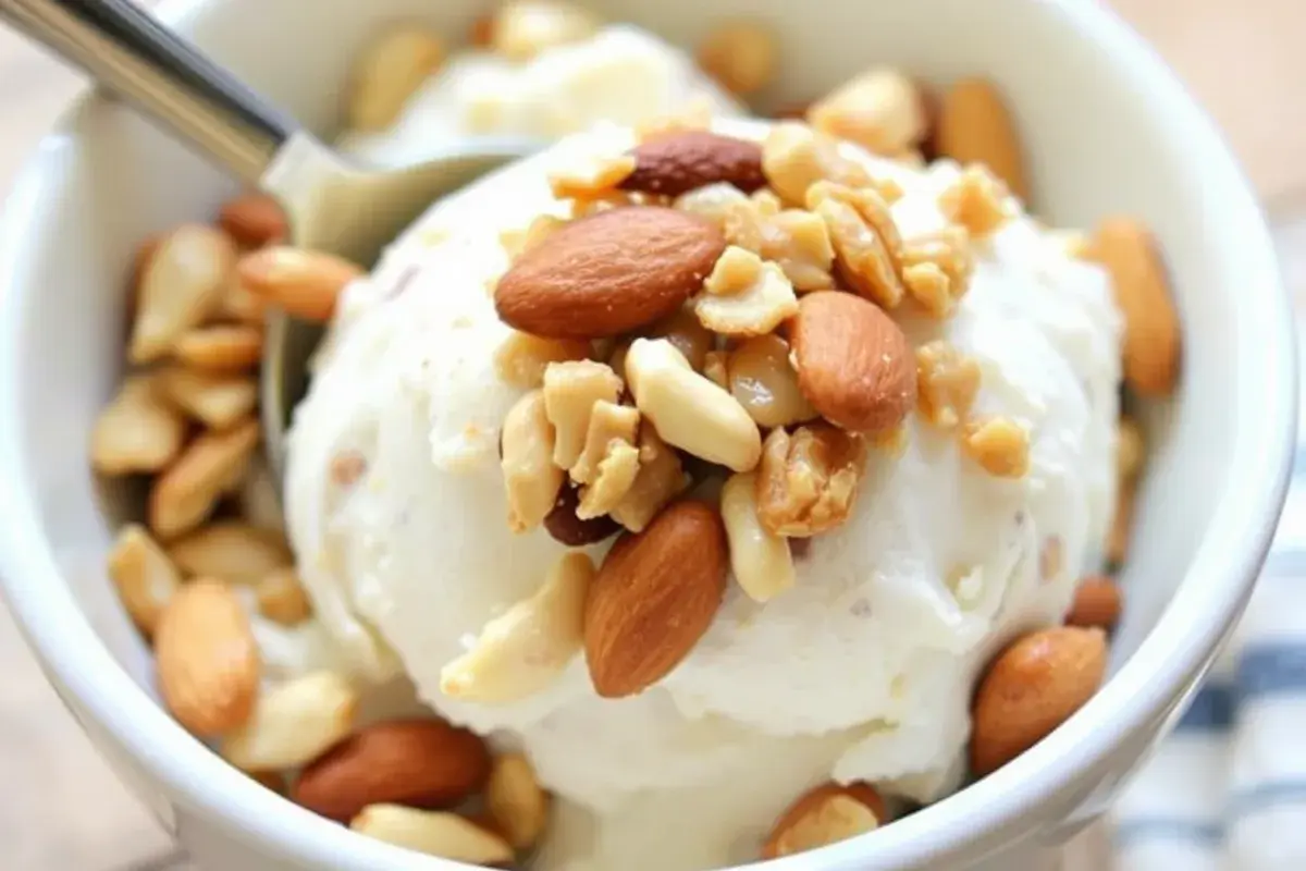 Homemade nutty crunch topping with roasted peanuts and almonds, perfect for ice cream.