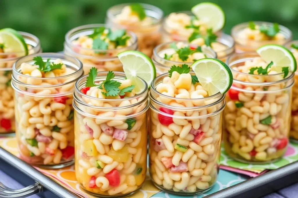 Individual servings of elote pasta salad in mason jars, garnished with lime and cilantro.