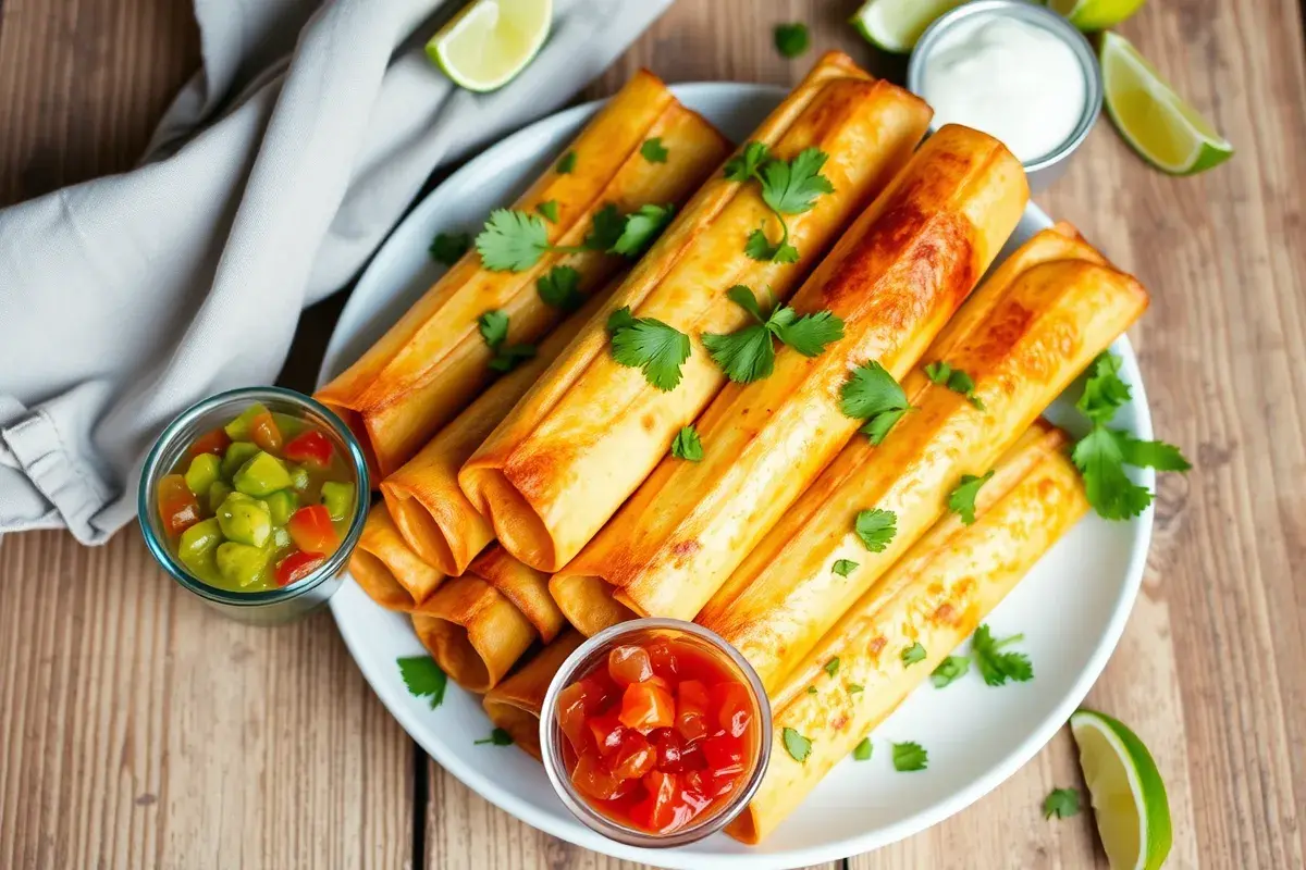 Crispy air fryer flautas served with guacamole, pico de gallo, and sour cream.