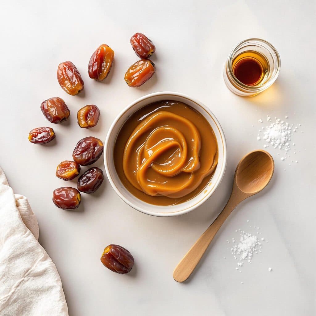 Bowl of date caramel surrounded by Medjool dates, vanilla extract, and a pinch of sea salt.