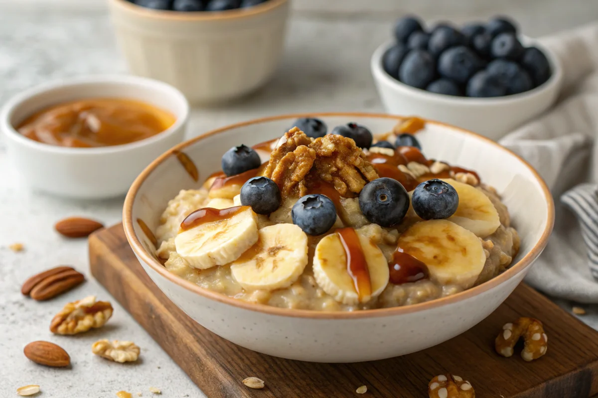 Drizzle of date caramel over oatmeal with banana slices, blueberries, and walnuts