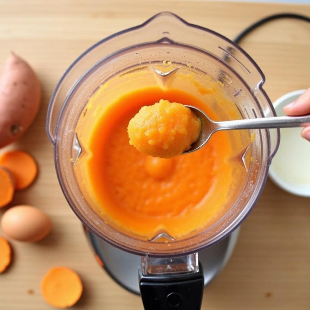 Sweet potato puree in a blender with fresh ingredients like eggs and cream on the countertop to prepare Sweet Potato Brule Recipe