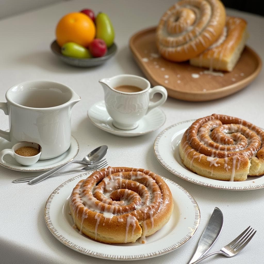 Kouign amann cinnamon buns with vanilla glaze served with coffee and orange juice.