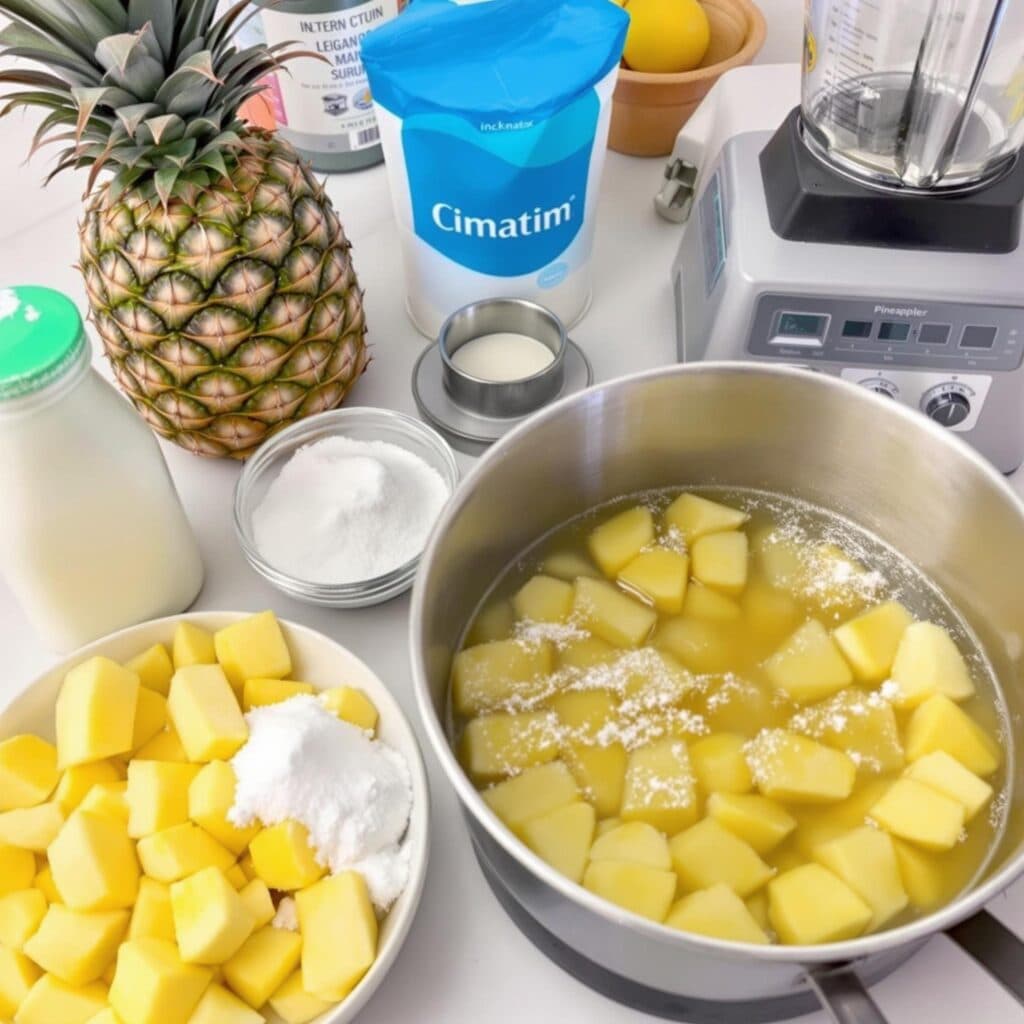 Ingredients for pineapple sherbet preparation, including fresh pineapple, sugar, and milk.