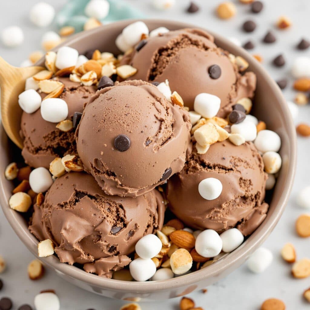 Chocolate ice cream with marshmallows and almonds, the key components of Rocky Road Ice Cream.