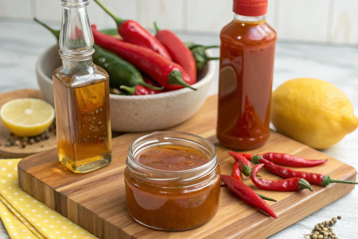 A wooden cutting board holds a jar of chili sauce, small red chili peppers, a bottle of chili oil, and a lemon wedge.