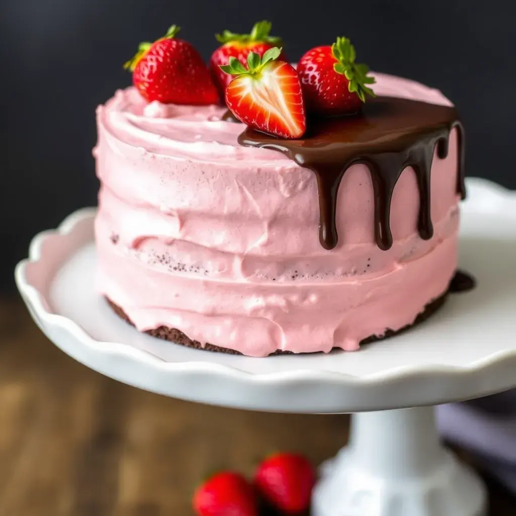 A three-layer chocolate cake with pink strawberry frosting, topped with fresh strawberries and chocolate ganache drip on a white cake stand.