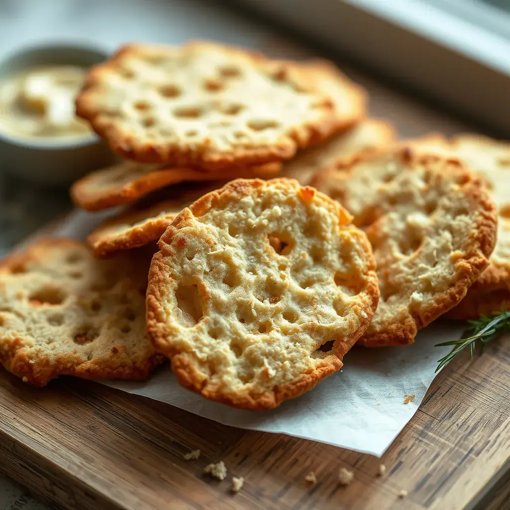 Sourdough Discard Crackers arranged on a wooden board with herbs and seeds.