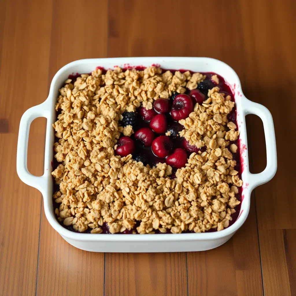 Berry crisp with oat topping in a baking dish