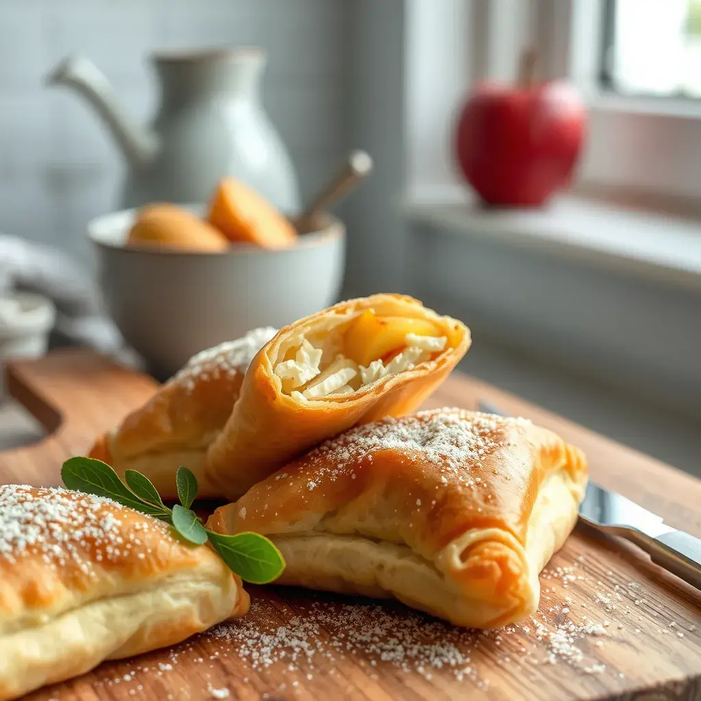 A plate of goat cheese and apple turnovers with golden-brown pastry and a filling of tangy cheese and sweet apples.