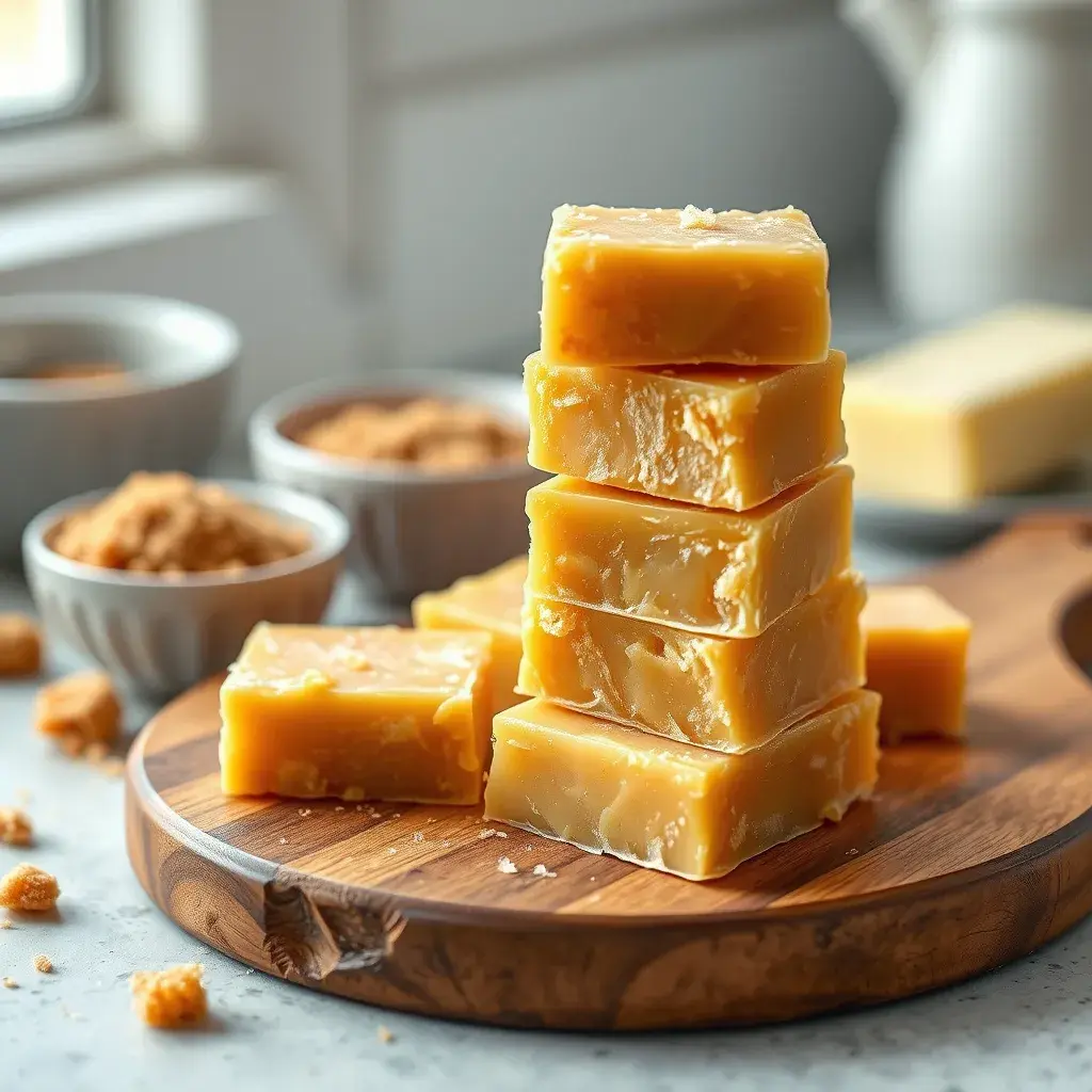 Golden pieces of homemade butterscotch candy on a white plate.