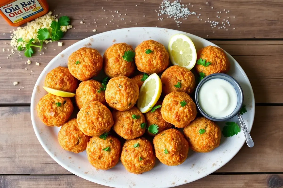 Golden crispy crab balls with dipping sauces, garnished with parsley and lemon wedges on a rustic platter.