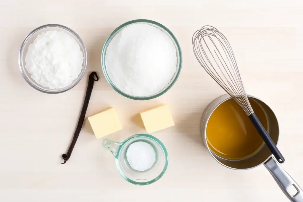 Ingredients for sugar cookie syrup, including sugar, vanilla, butter, salt, and water, displayed on a wooden surface.