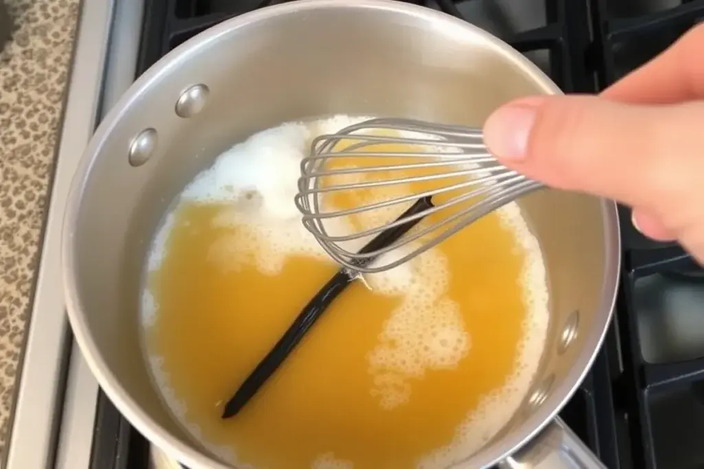 Simmering sugar cookie syrup in a saucepan with a whisk stirring the mixture and a visible vanilla pod.