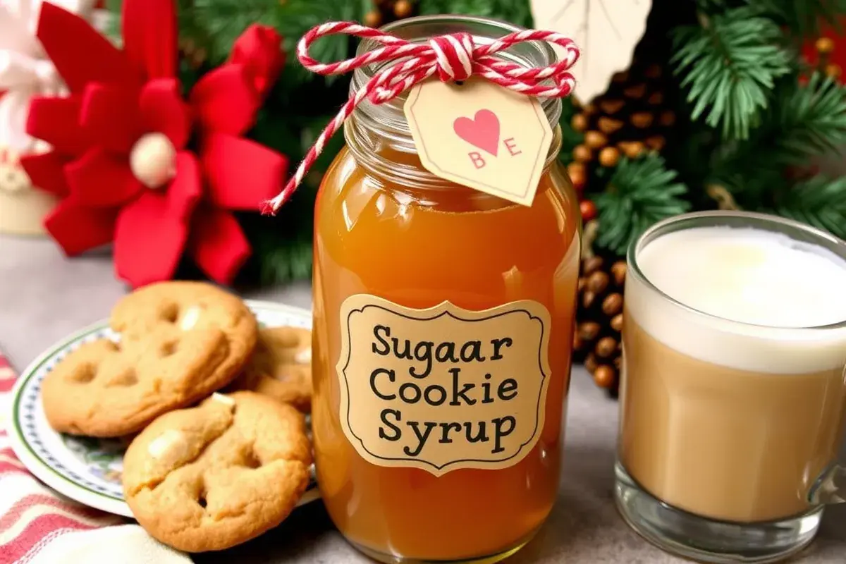 A jar of golden sugar cookie syrup next to cookies and a latte, with holiday décor in the background.