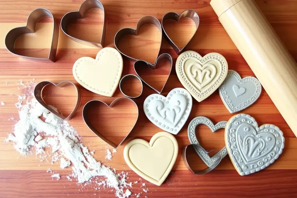 A variety of heart cookie cutters, including metal and plastic designs, displayed on a wooden surface with cookie dough and flour.