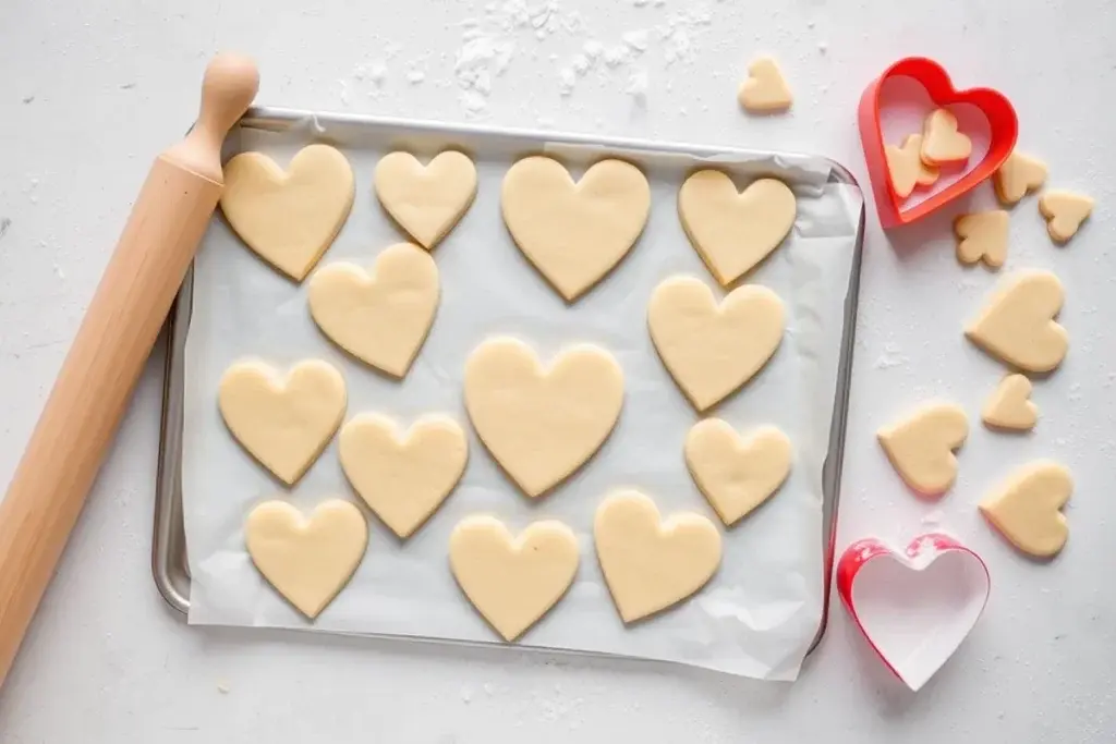 Heart-shaped cookie dough cut and arranged on a baking tray, surrounded by a rolling pin, cookie cutter, and dough scraps.