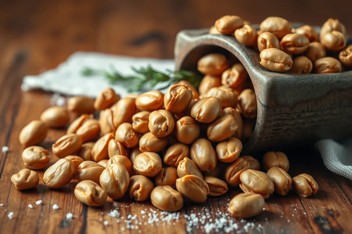 Golden caramelized toffee peanuts spilling out of a rustic bowl onto a wooden table, with sugar granules scattered around.