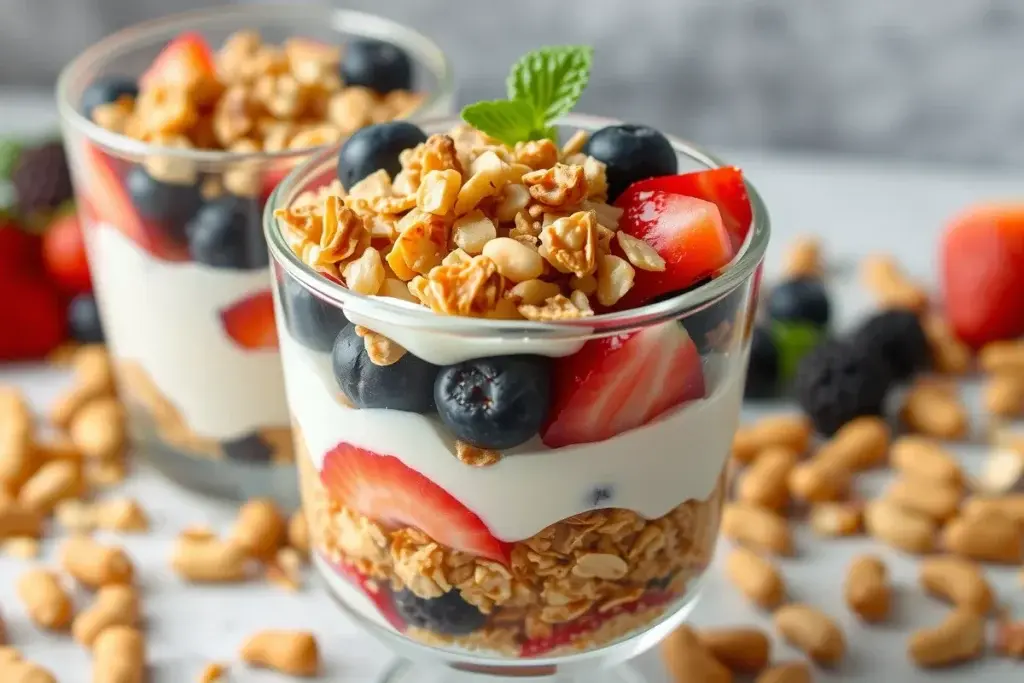 A parfait layered with yogurt, granola, fruit, and crushed toffee peanuts, surrounded by caramelized peanuts and fresh berries.