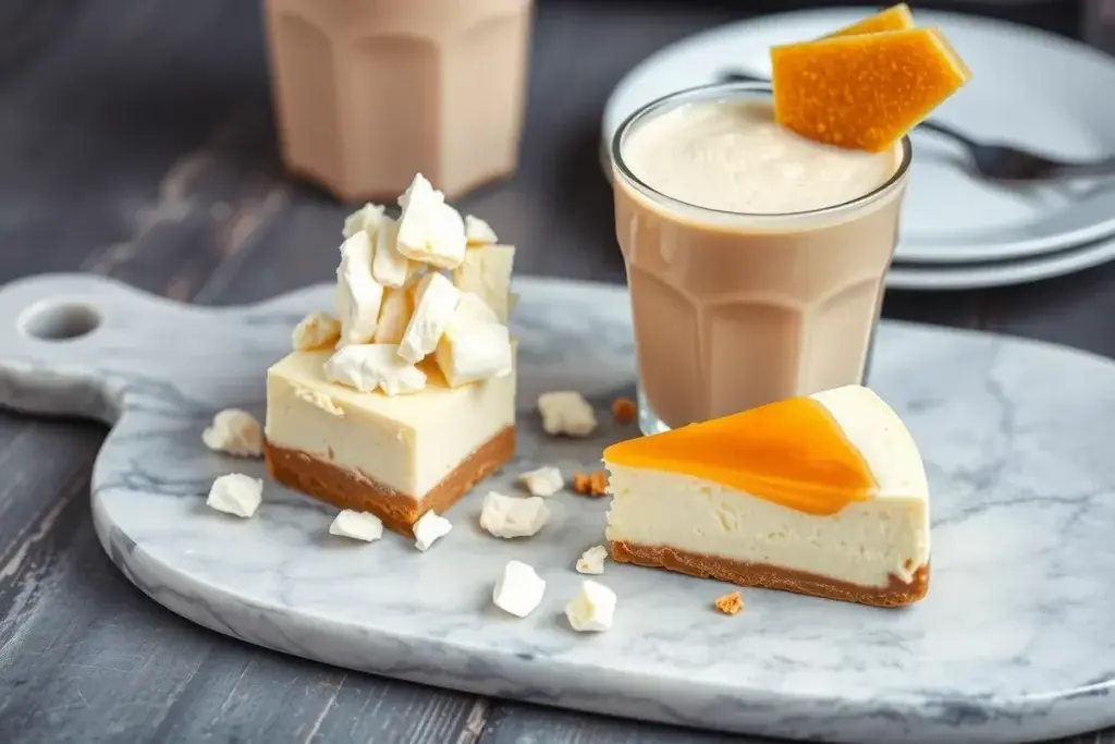 A dessert board with crumbled sponge candy on cheesecake and a caramel milkshake garnished with a shard of organic sponge candy.