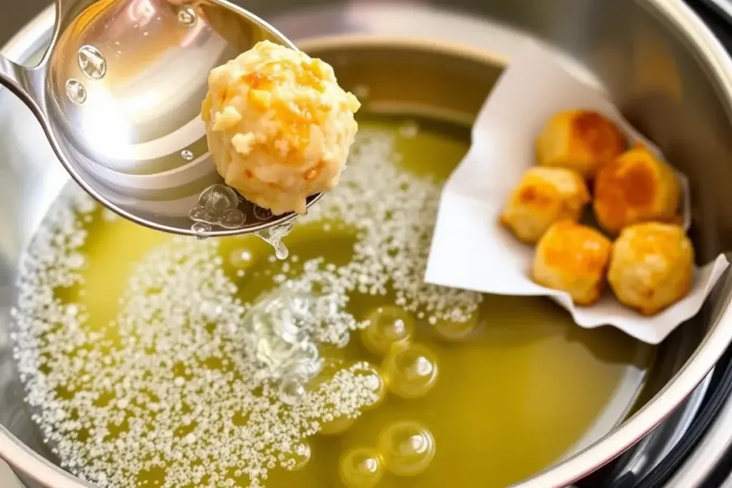 Crab balls being fried to golden perfection in hot oil using a slotted spoon.