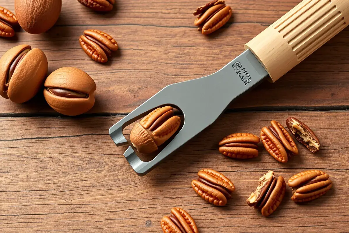 A pecan cracker breaking open a pecan, with cracked shells and fresh pecan halves on a rustic wooden surface.