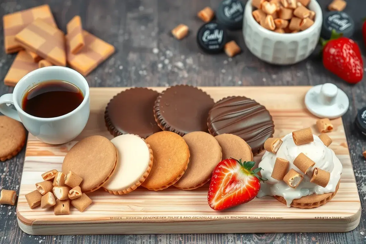 An assortment of wafer cookies in chocolate, vanilla, and strawberry flavors, served with coffee and ice cream.