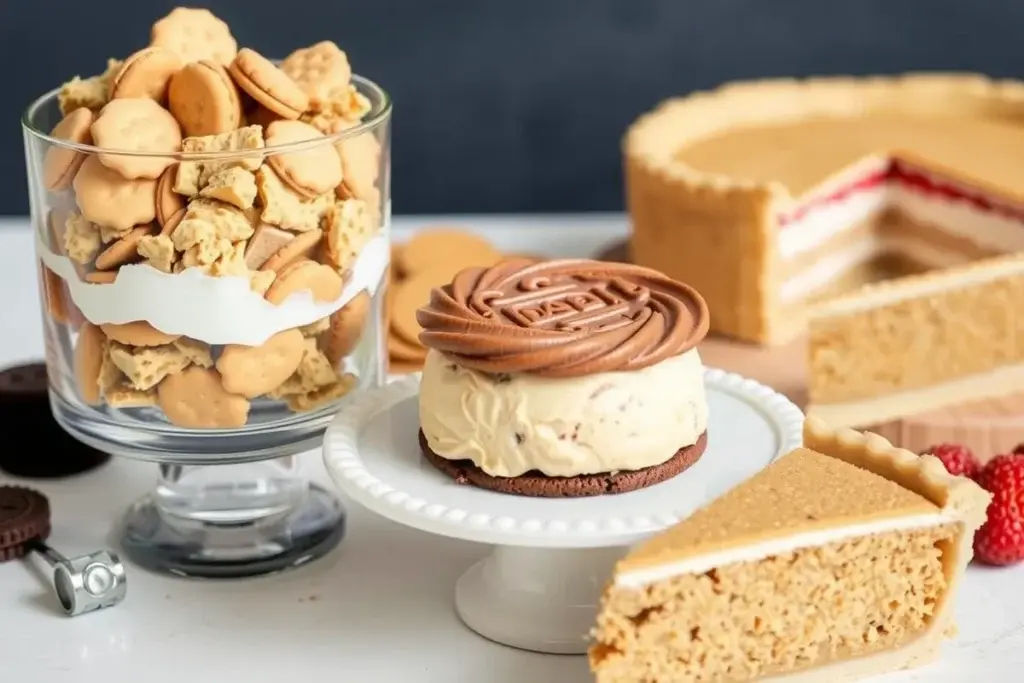 Creative desserts using wafers cookies, including a layered trifle, ice cream sandwiches, and a pie with wafer crust.