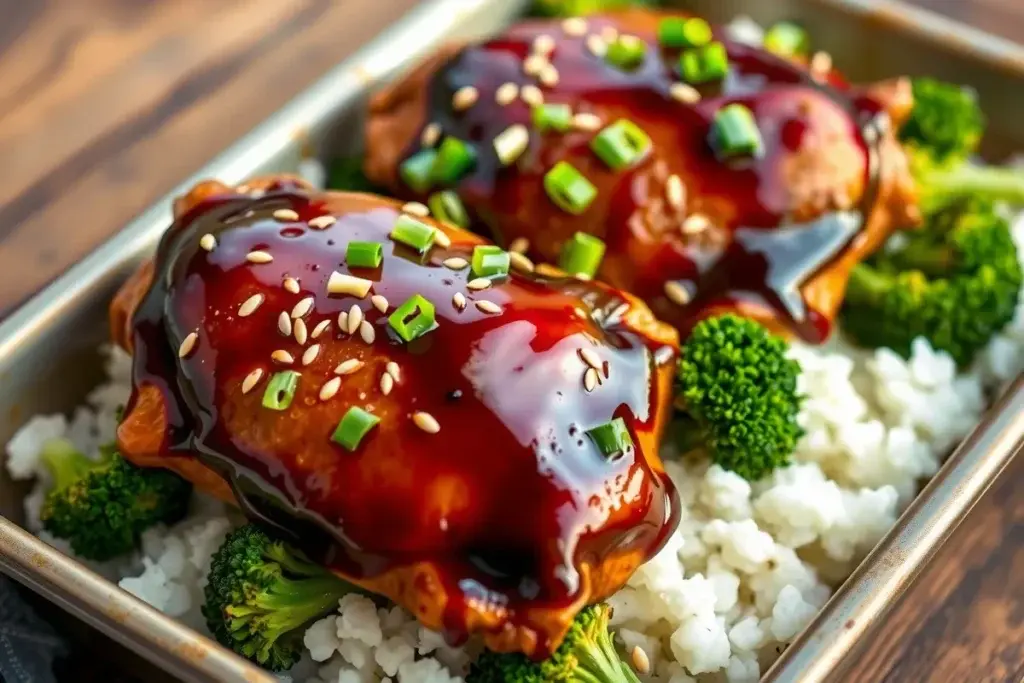 Baked teriyaki chicken thighs garnished with sesame seeds and green onions, served with steamed broccoli and white rice.