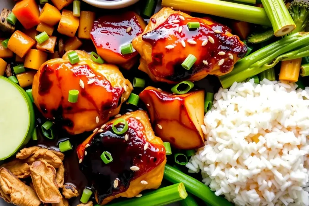 A serving platter with baked teriyaki chicken thighs garnished with sesame seeds and green onions, alongside jasmine rice and stir-fried vegetables.