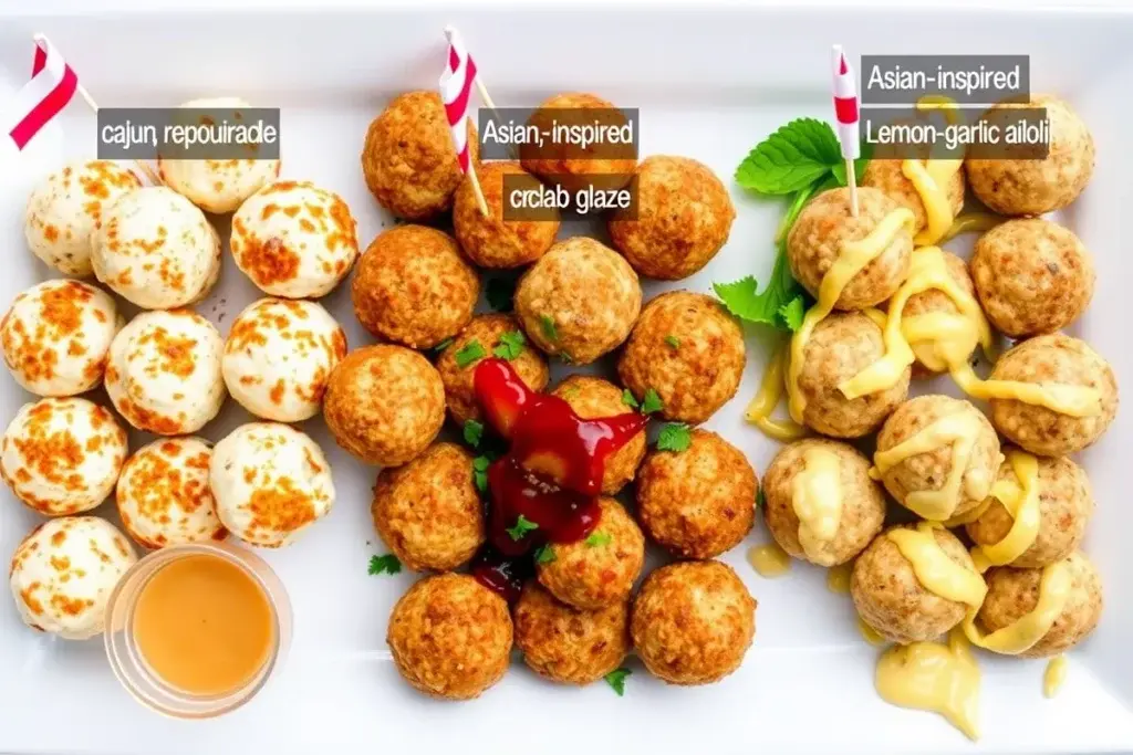 Three crab ball variations: Cajun-style, Asian-inspired, and Mediterranean flair, served with corresponding dipping sauces.