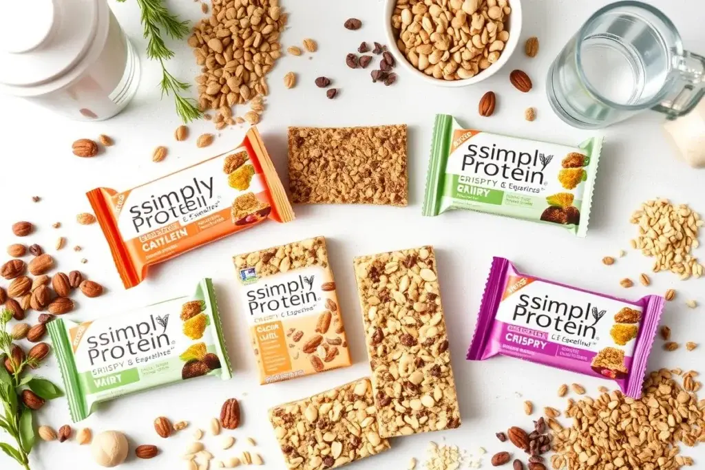 Assorted Simply Protein Crispy Bars with nuts, seeds, and grains on a clean wooden table.