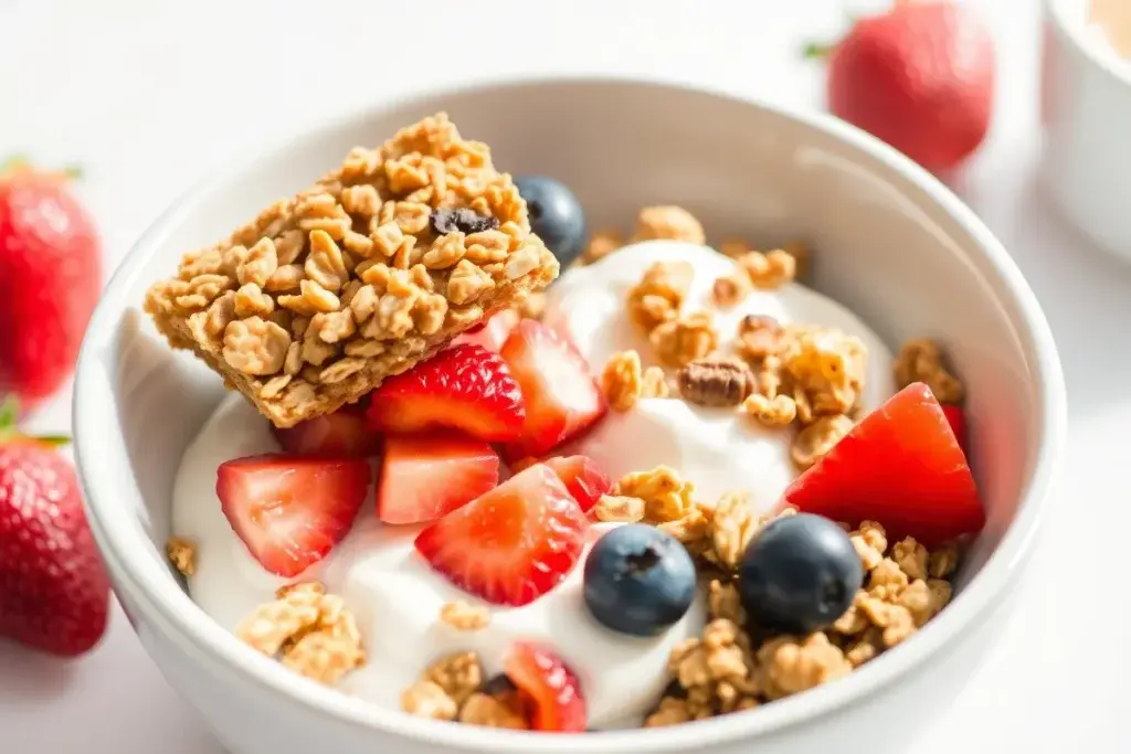 Sliced Simply Protein Crispy Bar paired with yogurt, granola, and fresh fruit in a breakfast bowl.