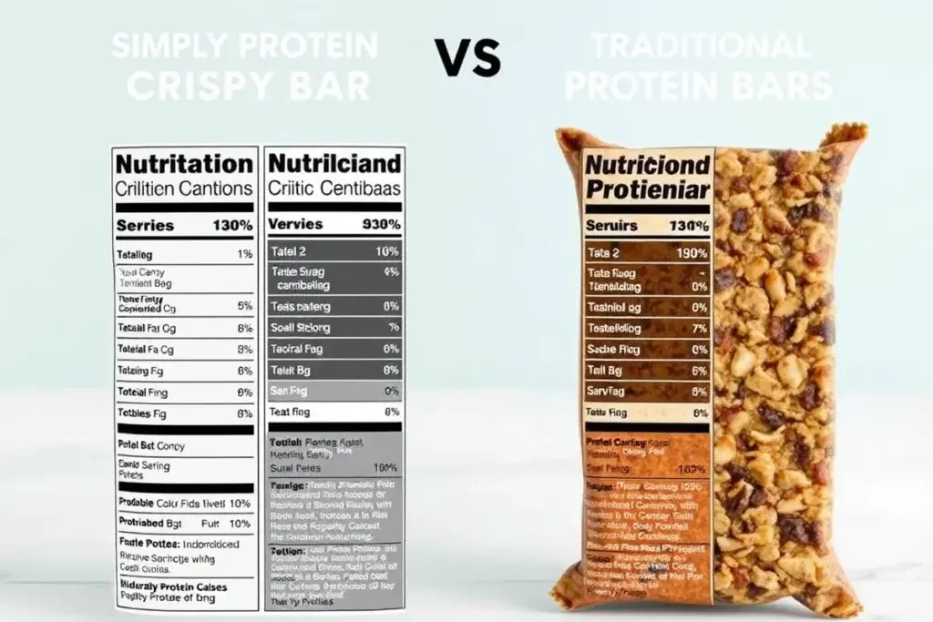 Side-by-side comparison of Simply Protein Crispy Bars and traditional protein bars with nutritional highlights.