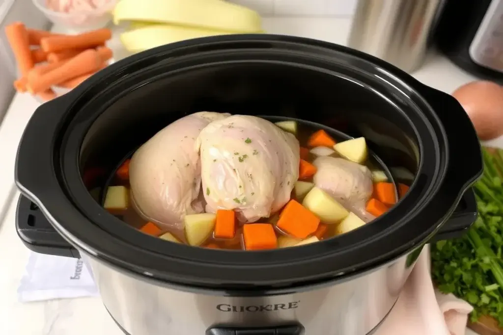 Frozen chicken thighs with vegetables and broth in a slow cooker, ready for cooking.