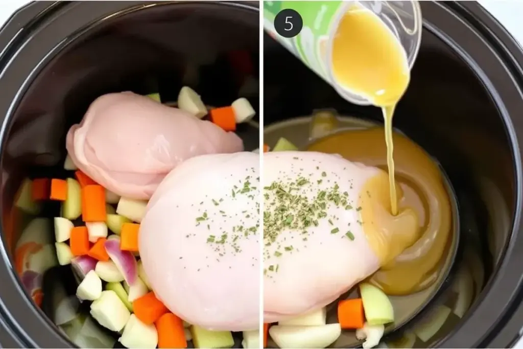 Layered vegetables and frozen chicken breasts in a crock pot, seasoned with herbs and spices.