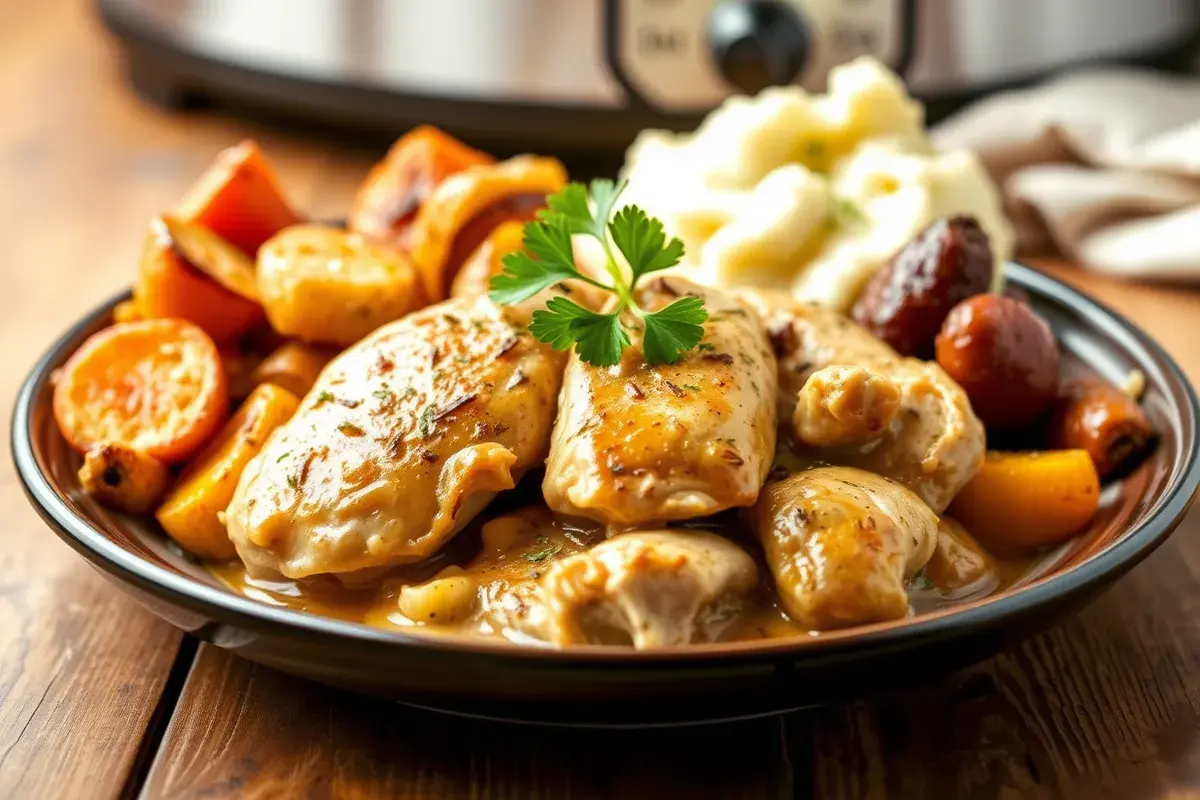 Plated crock pot chicken with roasted vegetables and a side of mashed potatoes.