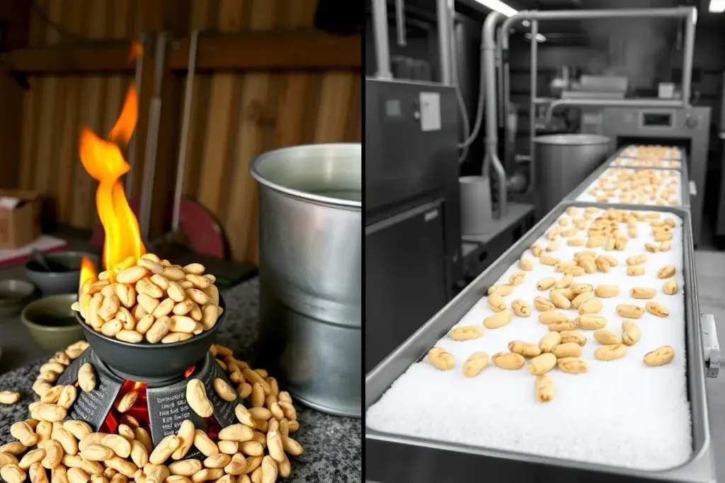 A split-screen image contrasting traditional peanut roasting over an open flame with a modern candy production line coating peanuts in sugar.