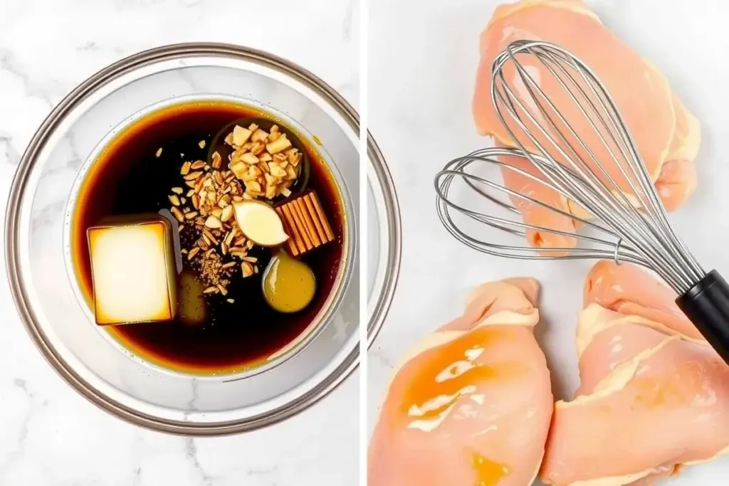 Ingredients for teriyaki marinade in a bowl, including soy sauce, brown sugar, honey, garlic, ginger, and sesame oil, next to raw chicken thighs.
