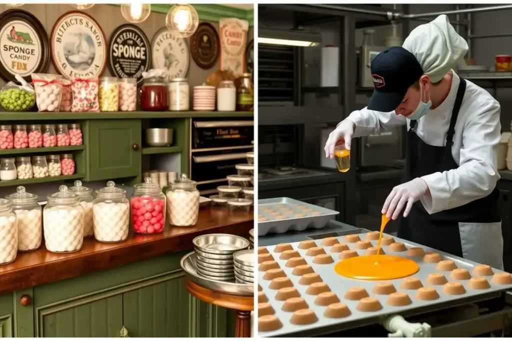 A vintage candy shop counter with jars of sponge candy alongside a modern workshop showing a confectioner pouring molten sugar into molds.