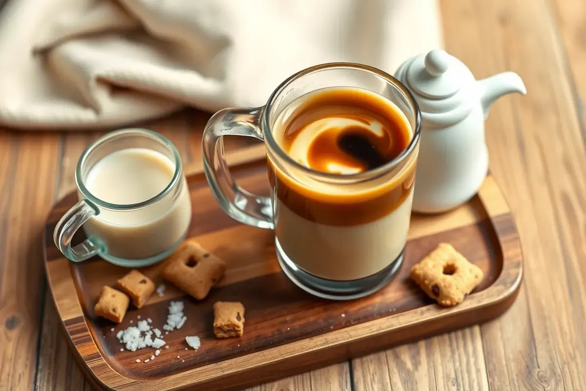 Glass mug of coffee swirled with salted cookie creamer, surrounded by cookie crumbles and sea salt on a wooden tray.