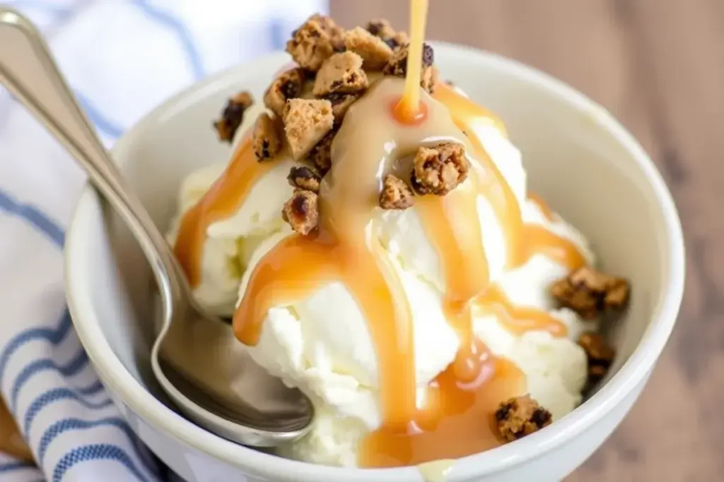 Salted cookie creamer drizzled on vanilla ice cream with cookie crumbles and caramel drizzle for a dessert twist.