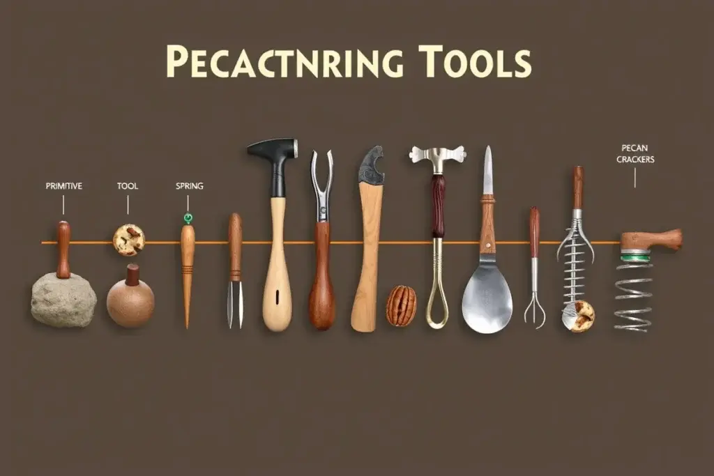 Timeline of pecan cracking tools, from primitive stones to modern spring-loaded crackers, with pecans at different cracking stages.