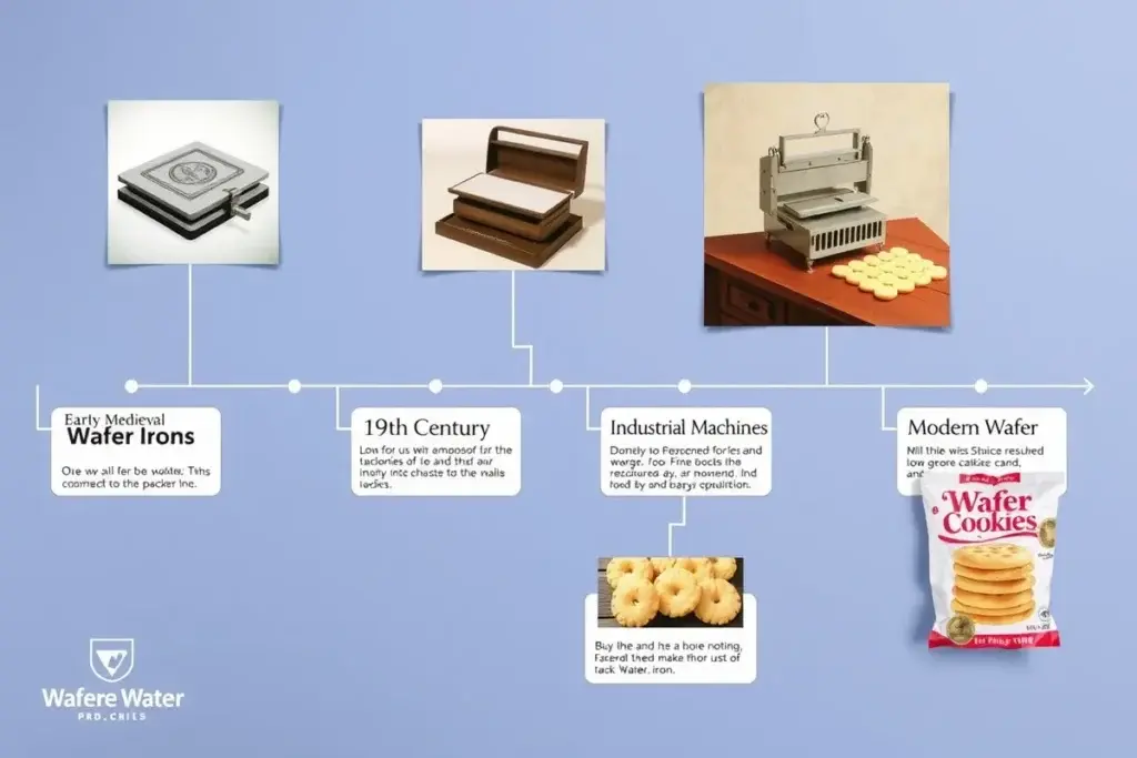 A timeline showing the evolution of wafer cookies, from medieval wafer irons to modern packaged varieties.