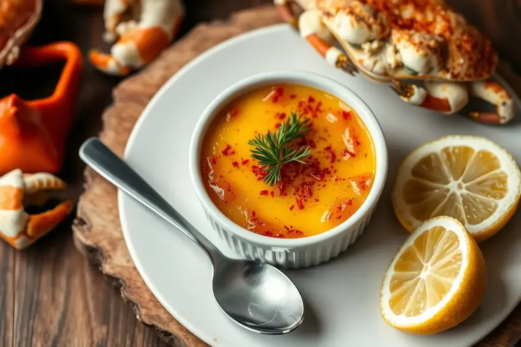 Golden-topped crab brulee in a ramekin garnished with dill and paprika, served on a wooden board with crab shells and lemon wedges.