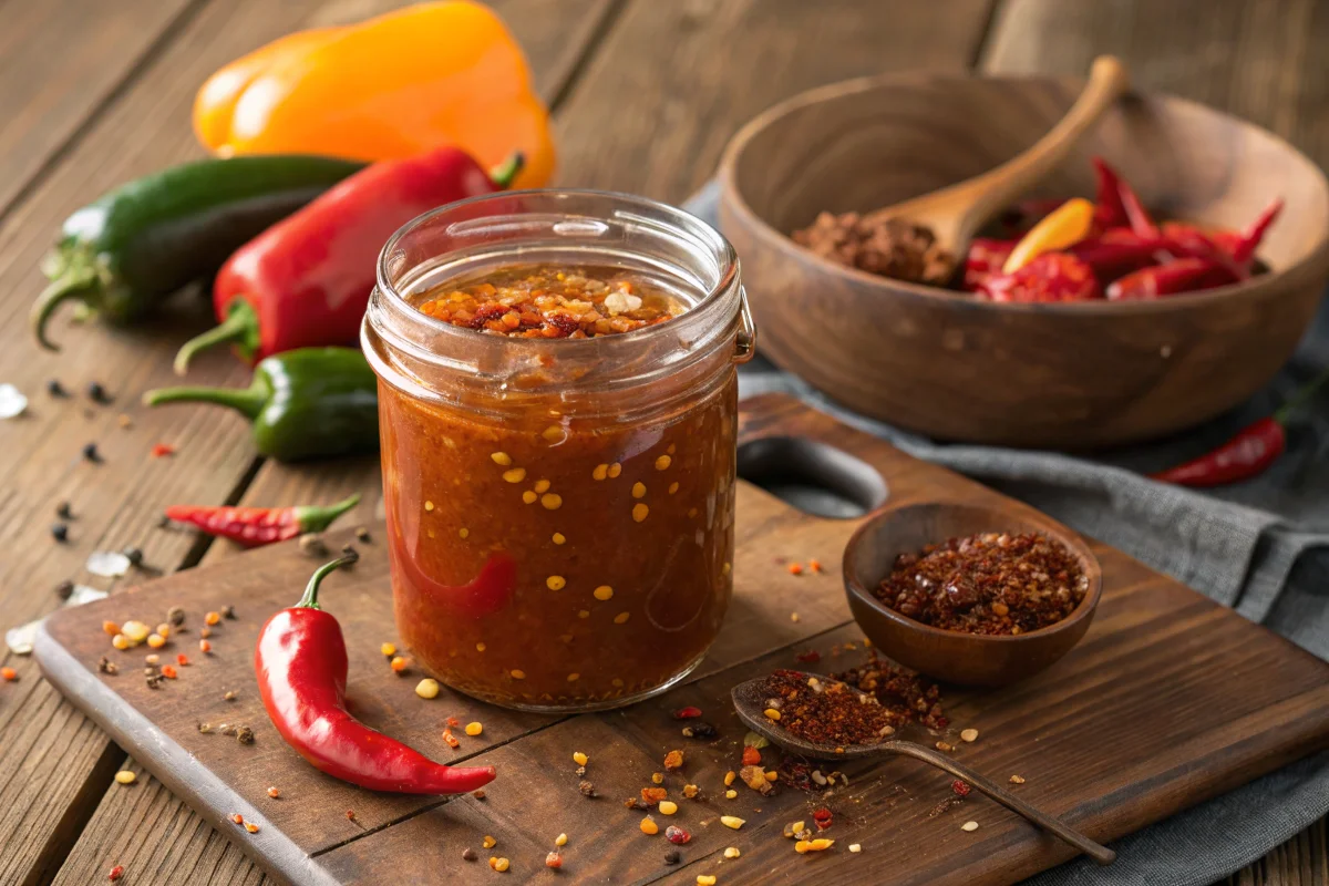 A jar of homemade chili sauce sits on a wooden cutting board surrounded by peppers and spices.