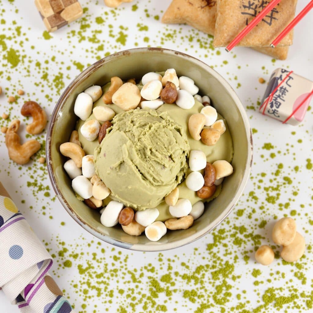 Matcha-infused Rocky Road Ice Cream with marshmallows and cashews for a global twist.