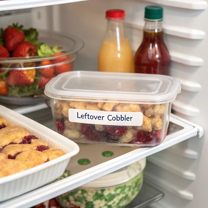 Leftover cobbler stored in an airtight container on a refrigerator shelf.